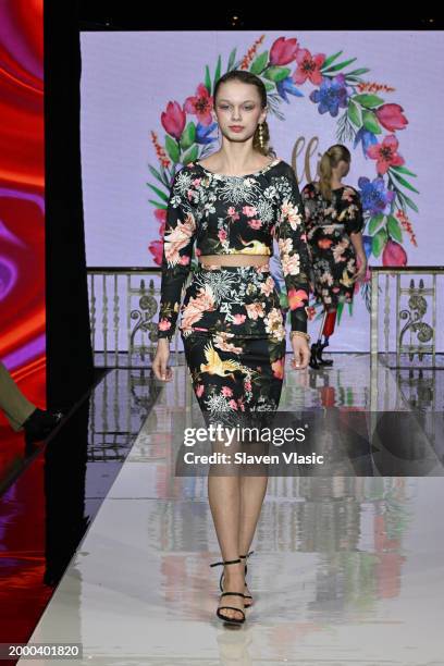 Model walks the runway wearing Camellia Couture during hiTechMODA NYFW Season 11 at Edison Ballroom on February 10, 2024 in New York City.