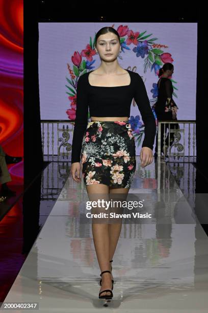 Model walks the runway wearing Camellia Couture during hiTechMODA NYFW Season 11 at Edison Ballroom on February 10, 2024 in New York City.