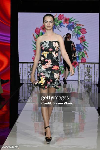 Model walks the runway wearing Camellia Couture during hiTechMODA NYFW Season 11 at Edison Ballroom on February 10, 2024 in New York City.