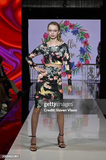 Model walks the runway wearing Camellia Couture during hiTechMODA NYFW Season 11 at Edison Ballroom on February 10, 2024 in New York City.