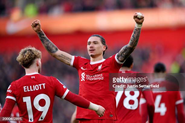 Darwin Nunez of Liverpool celebrates scoring his team's third goal during the Premier League match between Liverpool FC and Burnley FC at Anfield on...