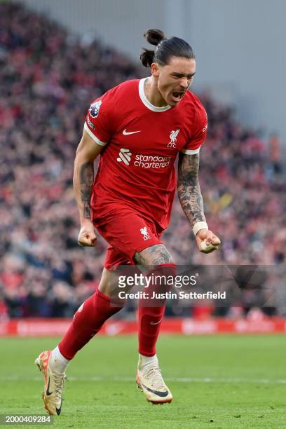 Darwin Nunez of Liverpool celebrates scoring his team's third goal during the Premier League match between Liverpool FC and Burnley FC at Anfield on...