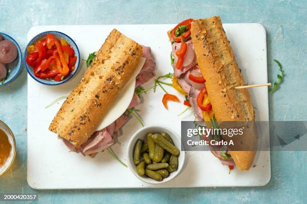 roast beef sandwich with pickled - pickle slices stock pictures, royalty-free photos & images