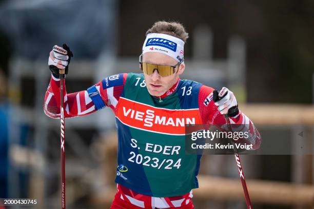 Simon Eder of Austria in action during the Training Women and Men at the IBU World Championships Biathlon Nove Mesto na Morave on February 12, 2024...