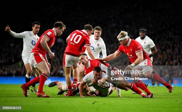 Ben Earl of England scores his team's first try during the Guinness Six Nations 2024 match between England and Wales at Twickenham Stadium on...