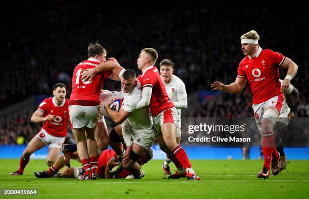 Ben Earl of England scores his team's first try during the Guinness Six Nations 2024 match between England and Wales at Twickenham Stadium on...