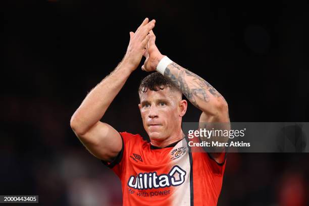 Ross Barkley of Luton Town applauds the fans after the Premier League match between Luton Town and Sheffield United at Kenilworth Road on February...