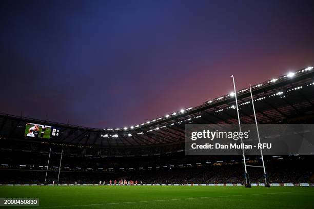 General view of play as the sun sets during the Guinness Six Nations 2024 match between England and Wales at Twickenham Stadium on February 10, 2024...