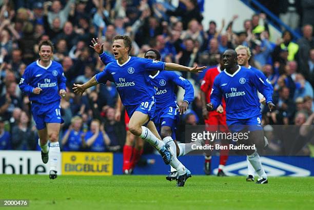 Jesper Gronkjaer of Chelsea celebrates scoring the winning goal during the FA Barclaycard Premiership match between Chelsea and Liverpool held on May...