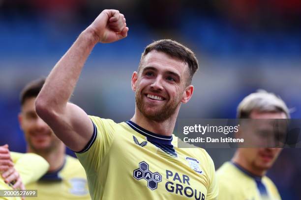 Ben Whiteman of Preston celebrates after scoring his team's second goal during the Sky Bet Championship match between Cardiff City and Preston North...