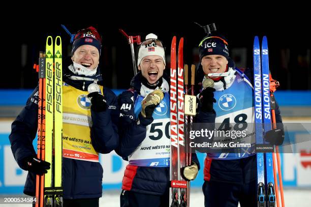 Gold medallist Sturla Holm Laegreid of Norway silver medallist Johannes Thingnes Boe of Norway and bronze medallist Vetle Sjaastad Christiansen of...