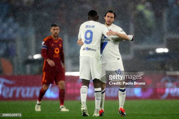 Marcus Thuram of FC Internazionale celebrates scoring his team's second goal with teammate Matteo Darmian of FC Internazionale during the Serie A TIM...