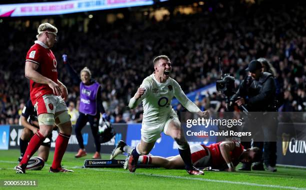 Fraser Dingwall of England celebrates scoring his team's second try during the Guinness Six Nations 2024 match between England and Wales at...