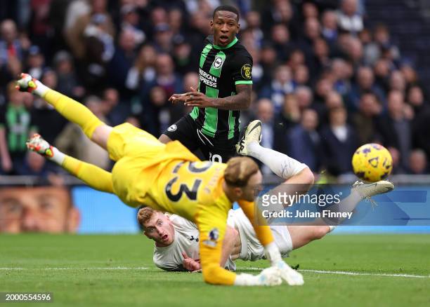 Dejan Kulusevski of Tottenham Hotspur has a shot saved by Jason Steele of Brighton & Hove Albion during the Premier League match between Tottenham...