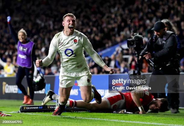 Fraser Dingwall of England celebrates scoring his team's second try during the Guinness Six Nations 2024 match between England and Wales at...