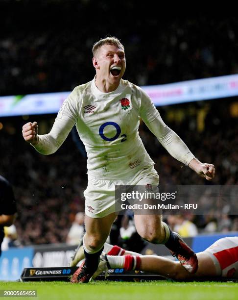 Fraser Dingwall of England celebrates scoring his team's second try during the Guinness Six Nations 2024 match between England and Wales at...