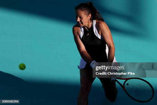 Daria Kasatkina plays a backhand against Beatriz Haddad Maia of Brazil during their semi-final match on day 6 of the Mubadala Abu Dhabi Open, part of...