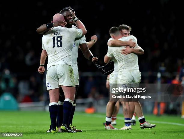 Dan Cole of England embraces Maro Itoje as they celebrate after defeating Wales during the Guinness Six Nations 2024 match between England and Wales...