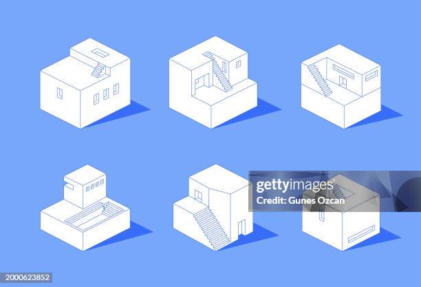 isometric white building set, abstract house icon pack, seamless repetitive house pattern blue background, isometric 3d art
house, building, architecture,  seamless pattern, isometric projection, pattern, repetition - architectural model stock illustrations