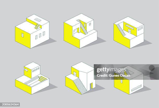 isometric white building set, abstract house icon pack, seamless repetitive house pattern gray background, isometric 3d arthouse, building, architecture, seamless pattern, isometric projection, pattern, repetition - 3d house stock illustrations