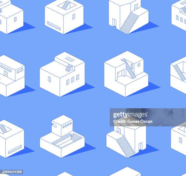 ilustrações de stock, clip art, desenhos animados e ícones de isometric white building set, abstract house icon pack, seamless repetitive house pattern blue background, isometric 3d art
house, building, architecture, seamless pattern, isometric projection, pattern, repetition - minimalist architecture cartoon