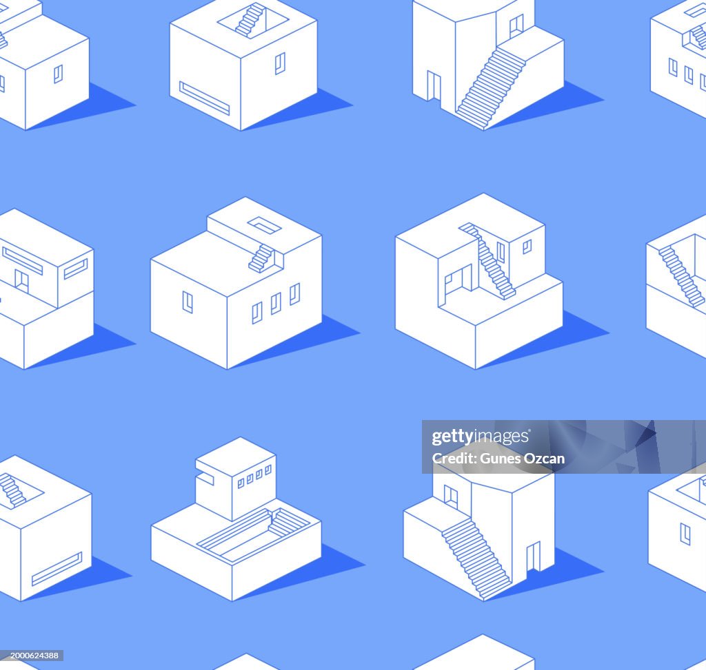 Isometric White Building Set, Abstract House Icon Pack, Seamless Repetitive House pattern blue background, Isometric 3D Art
House, Building, Architecture, Seamless Pattern, Isometric Projection, Pattern, Repetition