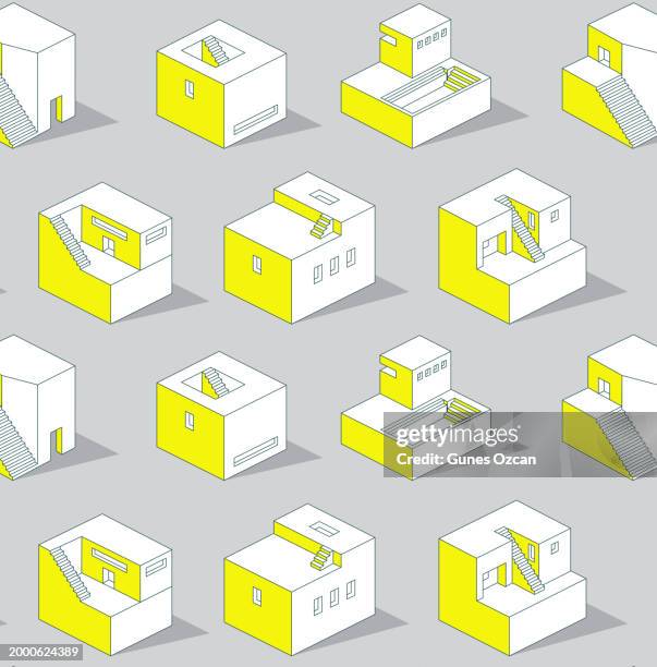 stockillustraties, clipart, cartoons en iconen met isometric white building set, abstract house icon pack, seamless repetitive house pattern gray background, isometric 3d arthouse, building, architecture, seamless pattern, isometric projection, pattern, repetition - nieuwbouw