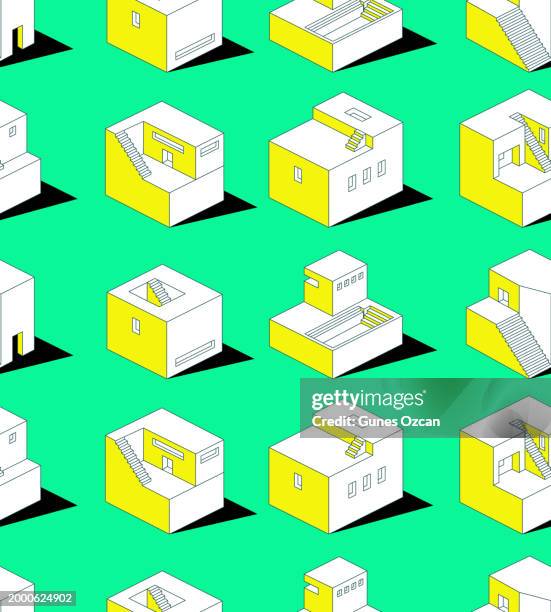isometric white building set, abstract house icon pack, seamless repetitive house pattern green background, isometric 3d arthouse, building, architecture, seamless pattern, isometric projection, pattern, repetition - looking down from window stock illustrations