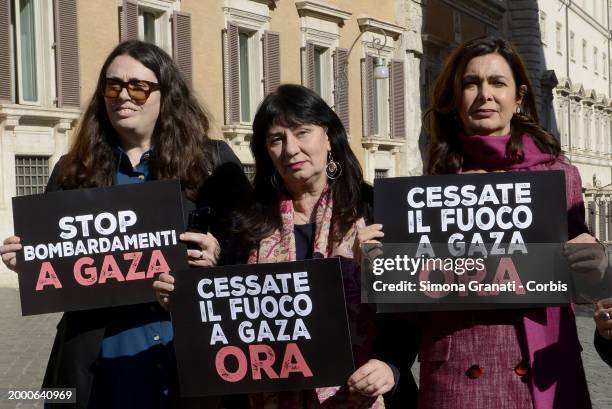 Stefania Ascari and Laura Boldrini participate in the Flash Mob in front of Montecitorio to ask for a ceasefire and a stop to the bombings in Gaza,...