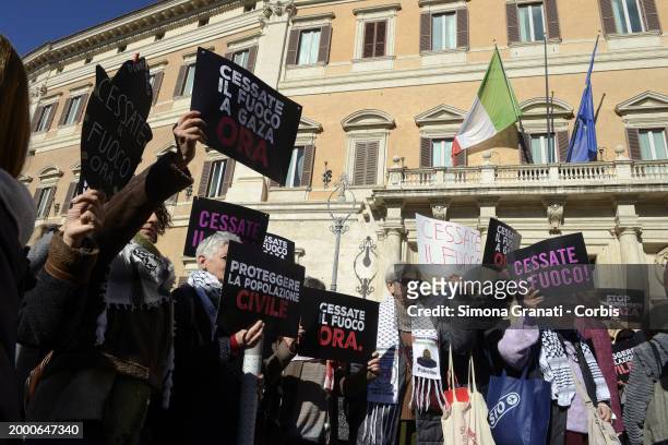 Parliamentarians participate in the Flash Mob in front of Montecitorio to ask for a ceasefire and a stop to the bombings in Gaza, on February 13,...