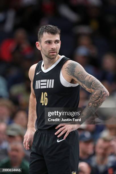 John Konchar of the Memphis Grizzlies looks on during the game against the Chicago Bulls at FedExForum on February 08, 2024 in Memphis, Tennessee....