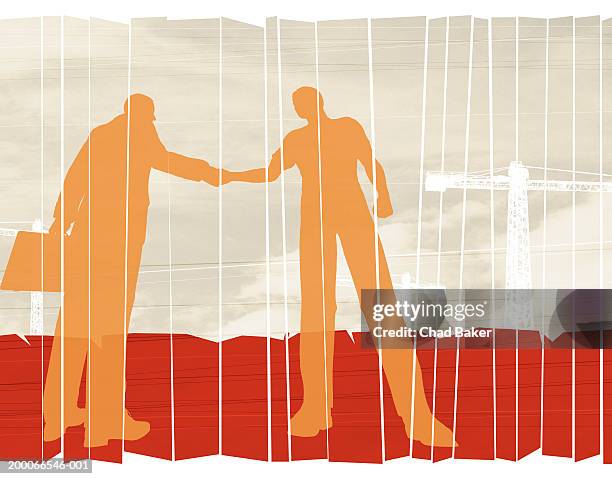 two men shaking hands outside construction site, low angle view - man from below stock illustrations