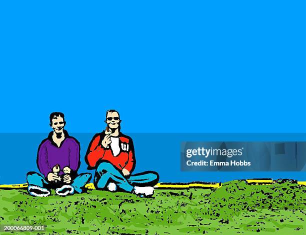 two men sitting on grass with ice creams - couple facing camera stock illustrations