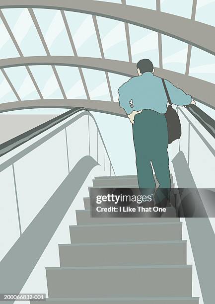 man on escalator, rear view - oberlicht stock-grafiken, -clipart, -cartoons und -symbole