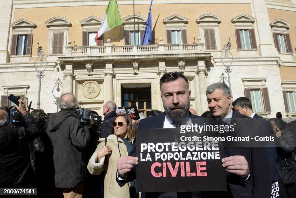 Alessandro Zan participates in the Flash Mob in front of Montecitorio to ask for a ceasefire and a stop to the bombings in Gaza, on February 13, 2024...