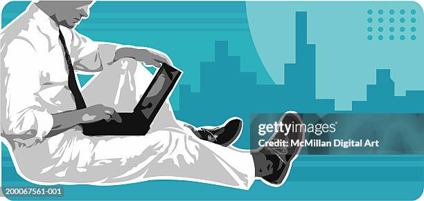 businessman sitting on floor, using laptop, side view - laptop outside stock illustrations