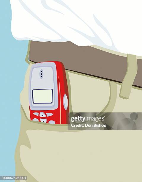 man with cell phone in pant's pocket, close-up of cell phone - hosentasche stock-grafiken, -clipart, -cartoons und -symbole