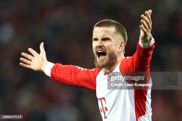 Eric Dier of Bayern Munich reacts during the Bundesliga match between Bayer 04 Leverkusen and FC Bayern München at BayArena on February 10, 2024 in...