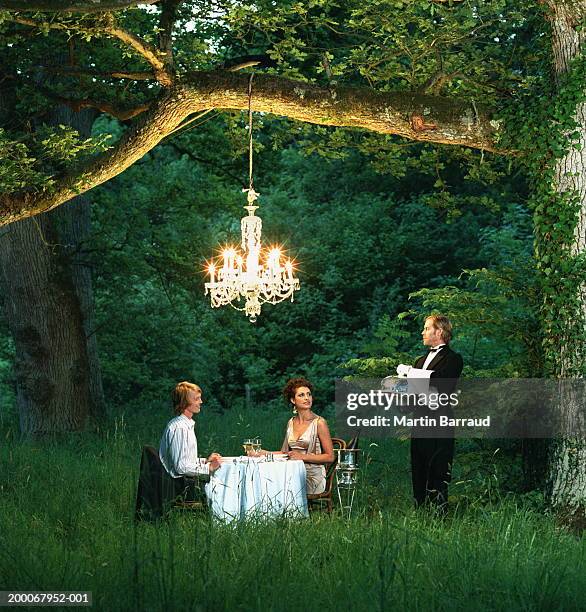 butler waiting on young couple dining at table in forest - table romantique photos et images de collection