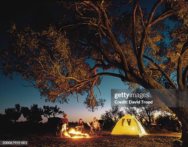 family around camp fire, night (digital composite) - fogueira de acampamento imagens e fotografias de stock