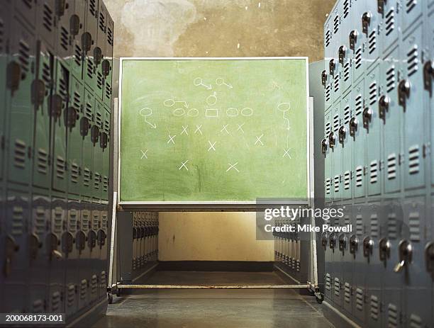 football play written on chalkboard in locker room - locker room foto e immagini stock