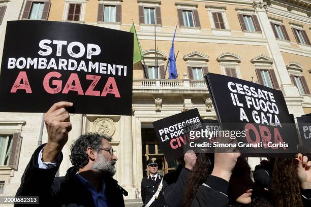 Parliamentarians participate in the Flash Mob in front of Montecitorio to ask for a ceasefire and a stop to the bombings in Gaza, on February 13,...