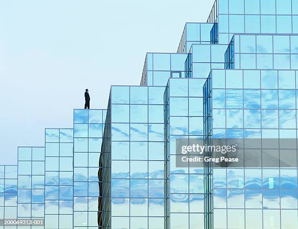 man standing on office building roof (digital composite) - fensterfront stock-fotos und bilder