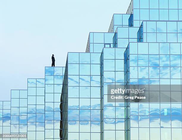 man standing on office building roof (digital composite) - businessman distance window ストックフォトと画像