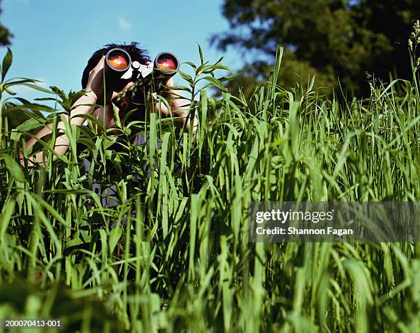 man in tall grass looking through binoculars - bird watching stock pictures, royalty-free photos & images