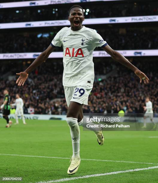Pape Matar Sarr of Tottenham celebrates his 1st goal during the Premier League match between Tottenham Hotspur and Brighton & Hove Albion at...