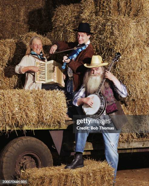 woman and two men playing musical instruments in barn, portrait - folk music stock pictures, royalty-free photos & images