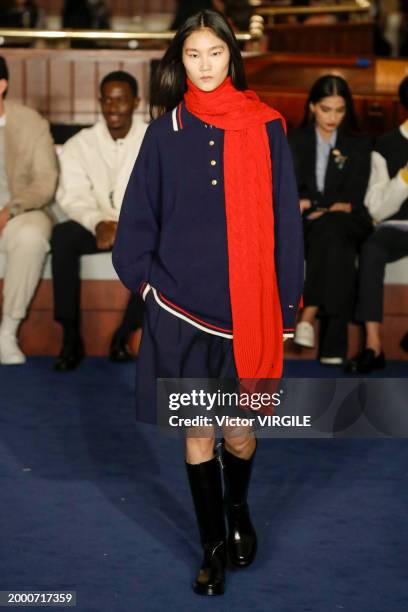 Model walks the runway during the Tommy Hilfiger Ready to Wear Fall/Winter 2024-2024 fashion show as part of the New York Fashion Week on February 9,...