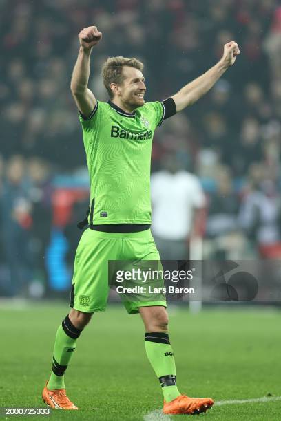 Lukas Hradecky of Bayer Leverkusen celebrates following the team's victory during the Bundesliga match between Bayer 04 Leverkusen and FC Bayern...