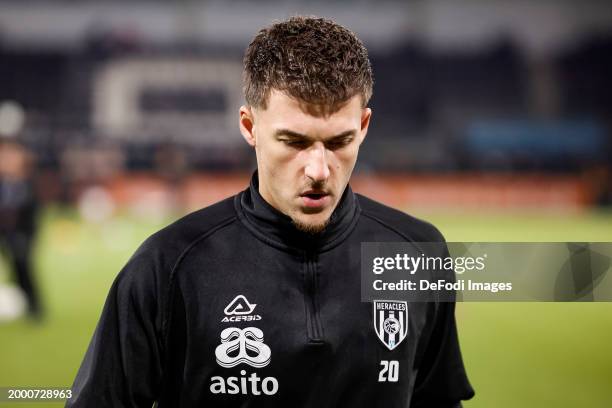 Ajdin Hrustic of Heracles Almelo warms up prior to the Dutch Eredivisie match between Heracles Almelo and Vitesse at Erve Asito on February 10, 2024...